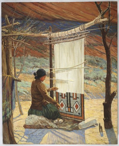 Navaho Weaver, Canyon de Chelly, Navaho Reserve (olja på duk monterad på panel) av Carl Moon
