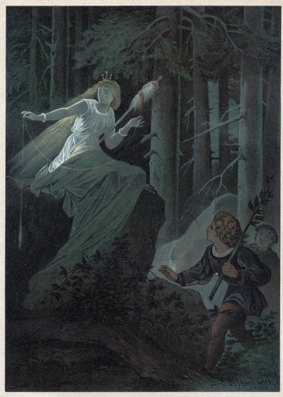 Avgiften som sprang iväg med en gyllene spindel sjöng ödet för en gyllene knapp. Illustration av Carl Offterdinger (1829-1889) i ”” Bouton d