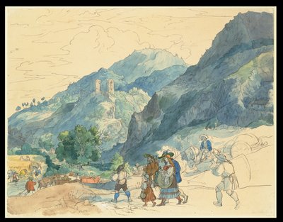 Landskap nära Innsbruck med ruinerna vid Fragenstein och landsbygdsbor som återvänder hem och arbetar på åkrarna av Carl Philipp Fohr