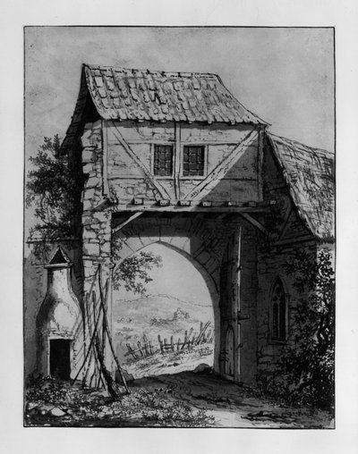 Portbyggnad med utsikt över ett landskap med ruin av Carl Philipp Fohr