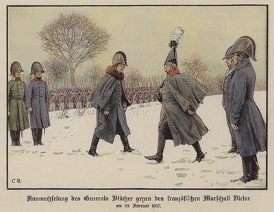 Utbyte av tillfångatagna preussiska och franska fältmarskalkerna Gebhard Blucher och Claude Victor-Perrin, 20 februari 1807 (färg litho) av Carl Röchling