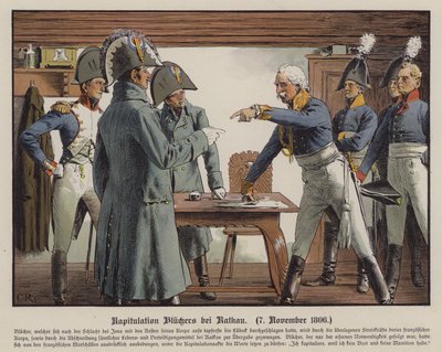 Fältmarskalk Blucher kapitulerar för fransmännen i Katekau, 7 november 1806 (färg litho) av Carl Röchling