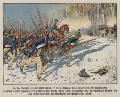 Preussiskt infanteri anfaller i slaget vid Eylau, 7-8 februari 1807 (färg litho) av Carl Röchling