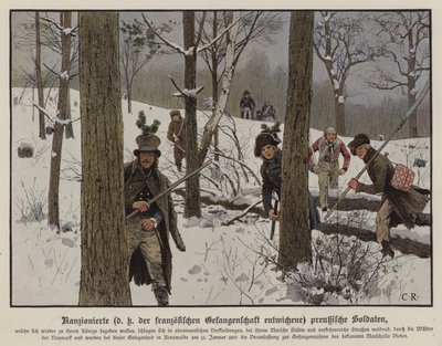 Preussiska soldater som undviker fransk fångenskap, januari 1807 (färg litho) av Carl Röchling