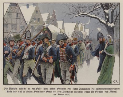 Resten av den preussiska armén marscherar förbi kung Fredrik William III och drottning Louise genom Memels gator av Carl Röchling