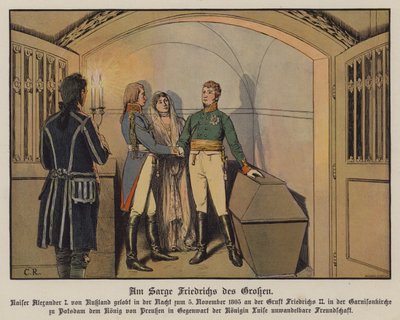 Tsar Alexander I av Ryssland besöker Fredrik den Stores grav i Potsdam med kung Fredrik Vilhelm III och drottning Louise av Preussen och svär sin orubbliga vänskap, 5 november 1805 (färg litho) av Carl Röchling