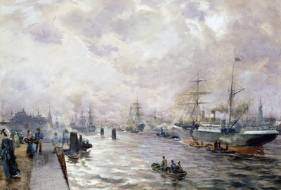 Segelfartyg i hamnen i Hamburg, 1889 (wc och gouache på papper) av Carl Rodeck