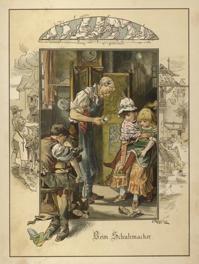 Hos skomakaren (färg litho) av Carl Rohling