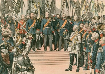 Wilhelm I, kung av Preussen och första tyska kejsaren (1797-1888), erkänns som kejsare av det nyligen förenade tyska riket i Versaillesfördraget 1871. av Carl Rohling