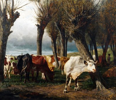 Tyska: Flock med nötkreatur under hamlade pilar. av Carl Rudolf Huber