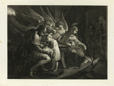Den heliga familjen upptagen hemma: Joseph lär pojken Jesus att läsa. Mary matar duvorna. Elizabeth går in i rummet med John av Carl Russ