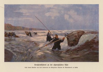 Bärnstensinsamling i Östersjön, Ostpreussen (färglitografi) av Carl Saltzmann
