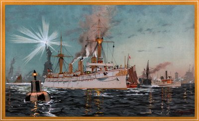 Kejsarinnan Augusta lämnar New York, kromolitografi av C. Saltzmann 95, nr13 från G. Wislicenus, Unsre Kriegsflotte av Carl Saltzmann