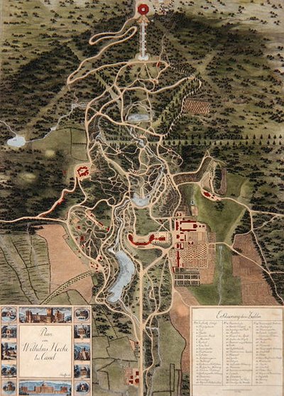 Plan av Wilhelmshohe nära Kassel (färgad etsning) av Carl Schaeffer