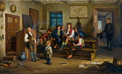 Den förbjudna frukten (i ett klassrum röker skolbarn pipa) - Den förbjudna frukten - Carl Bernhard Schloesser (1832-efter 1914). olja på duk av Carl Schlosser