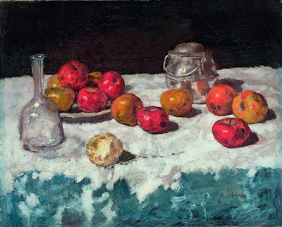 ""Nature morte aux pommes"" (stilleben med äpplen) Peinture de Carl Schuch (1846-1903) 1889 Olja på duk Dim 66,2x81,6 cm Museum Kunstpalast, Düsseldorf av Carl Schuch