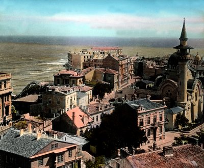 Rumänien, staden Constanta, en av de största hamnstäderna vid Svarta havet. Utsikt mot den stora Mahmudiye-moskén, bilddatum: ca 1920. Carl Simon-arkivet av Carl Simon