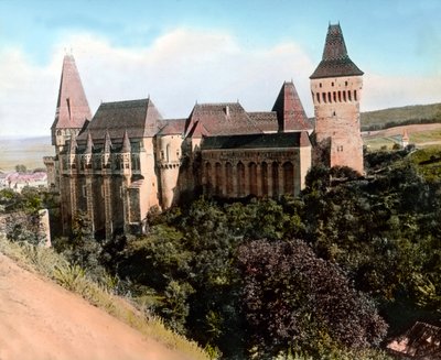 Rumänien, Transsylvanien, slottet Hunyad (även känt som slottet Hunyadi, slottet Corvin eller slottet Hunedoara), bilddatum: ca 1920. Carl Simon-arkivet av Carl Simon