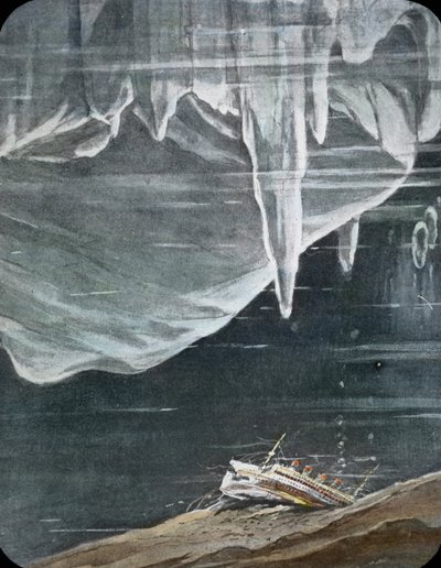 Titanics jungfruresa 1912, Titanic-katastrofen, illustration, Titanics förlisning, historia, historisk, illustration, Carl Simon, handkolorerad glasskiva av Carl Simon