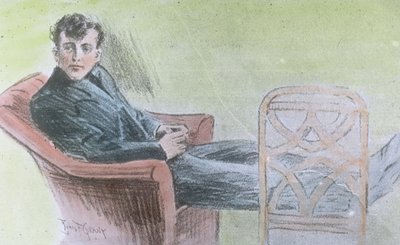 Titanics jungfruresa 1912, bilden troligen en illustration av Harold Bride, en av Titanics trådlösa operatörer för telegram, historia, historisk, Carl Simon, handkolorerad glasbild av Carl Simon