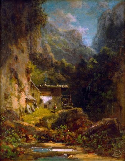 Kvarn i skogsravin med en figur av Carl Spitzweg