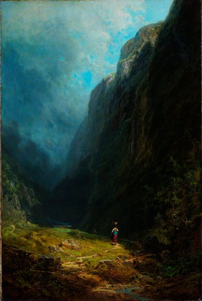 ""Paysage de haute vallee alpine"" Vue du mont Wendelstein Allemagne (I det alpina höga dalens landskap med Mt Wendelstein) Peinture de Carl Spitzweg (1808-1885) Olja på duk vers 1871 Dim 88,5x59 cm Museum Kunstpalast, Dusseldorf av Carl Spitzweg