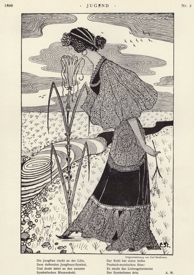 Kvinna som luktar en blomma (litho) av Carl Strathmann