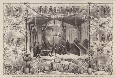 Scener från den tyske kompositören Wendelin Weissheimers opera Meister Martin und Seine Gesellen (Mästare Martin och hans följeslagare), framförd på Grossherzoglichen Hoftheater, Karlsruhe, Tyskland (gravyr) av Carl Thiel