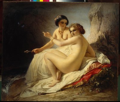""Två flickor i en grotta"" (Två flickor i en grotta) Målning av Timofei Neff (Carl Timoleon von Neff) (1805-1876) - 1859 - Olja på duk - Ryska statens museum, St Petersburg av Carl Timoleon von Neff