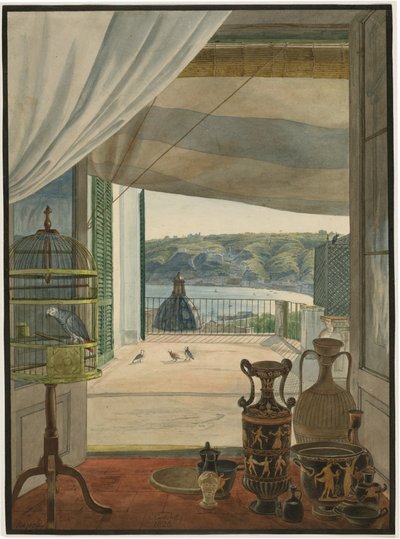 Antikviteter vid en balkong med utsikt över Neapelbukten av Carl Wilhelm Götzloff