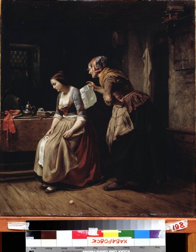 ""Brevet"" (Ett brev) En tjänare kommer med ett brev till en ung flicka i förtvivlan. Målning av Carl Wilhelm Hubner (1814-1879) 1800-talets Fjärran Österns konstmuseum, Khabarovsk, Ryssland av Carl Wilhelm Hübner