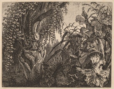Ett snår; ett knotigt pilträd till vänster, ett snår av växtlighet till höger av Carl Wilhelm Kolbe