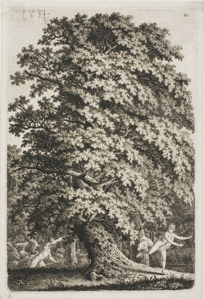 Kvinna flyr från en man som håller en lans i skogen av Carl Wilhelm Kolbe the elder