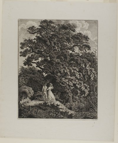 Skogslandskap med ett elegant par som går under en ek av Carl Wilhelm Kolbe, the elder