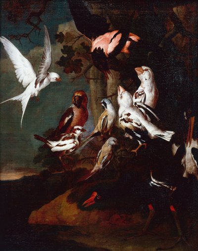 En morhöna, svala, finkar och andra fåglar i ett skogsbevuxet flodlandskap (olja på duk) av Carl Wilhelm de Hamilton