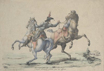 En nedstigen häst, tyglad av en officer, 1770-1836. av Carle Vernet