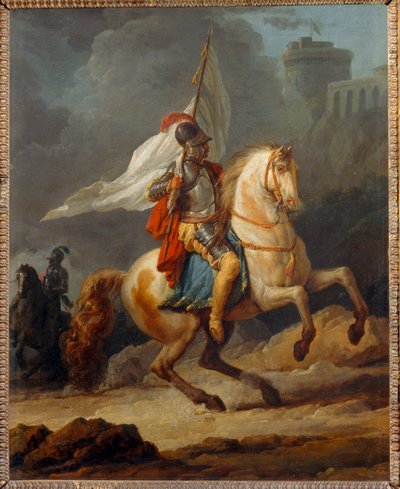 Cavalier en armure tenant un drapeau - Pansarriddare som bär en fana ... av Carle Vernet
