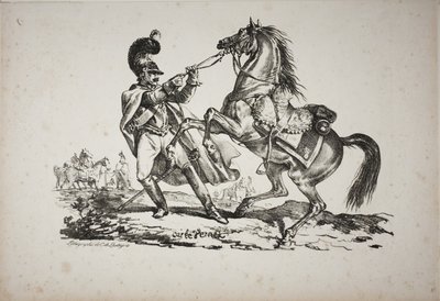 Cuirassier till fots håller tillbaka sin uppfödningshäst av Carle Vernet