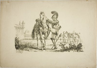 Gevärsman som sätter sig på en häst av Carle Vernet