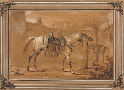 Sadlad arabisk häst på innergården av Carle Vernet
