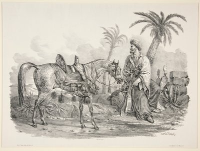 Sittande arab som håller tränsen på en arabisk häst av Carle Vernet