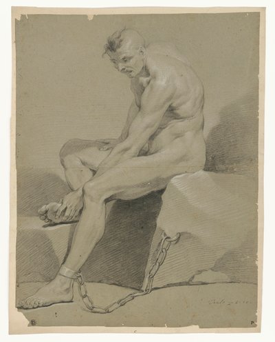 Nakenstudie av en sittande fånge, kedjad vid en klippa av Carle van Loo