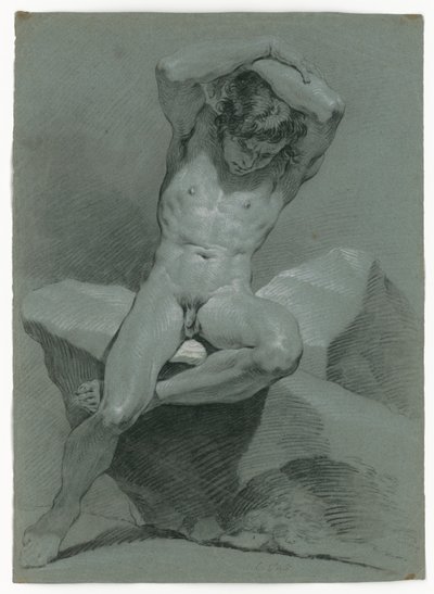 Nakenstudie av en sittande man med armarna korslagda över huvudet av Carle van Loo