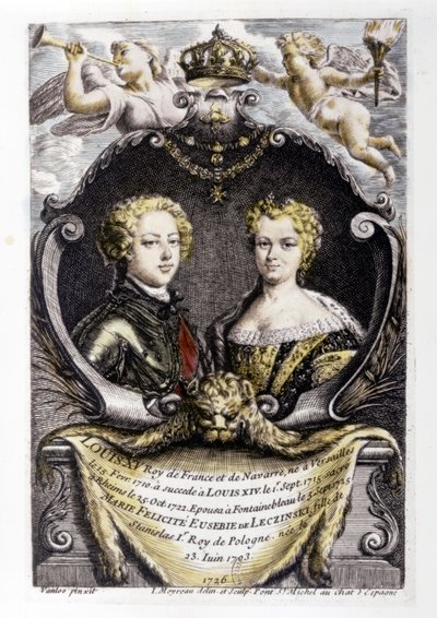 LOUIS XV och LECSINSKA Marie: Louis XV (15 år gammal) och Marie Lecsinska (22 år gammal)... av Carle van Loo