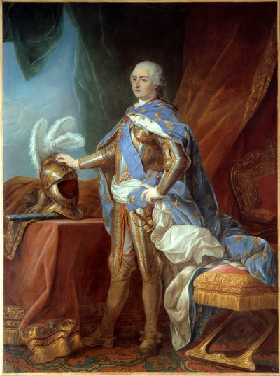Porträtt till fots av Ludvig XV (1710-1774), i rustning, hand placerad på ett rodret. Målning av Carle Van Loo (1705-1765), olja på duk (271 x 193 cm) av Carle van Loo