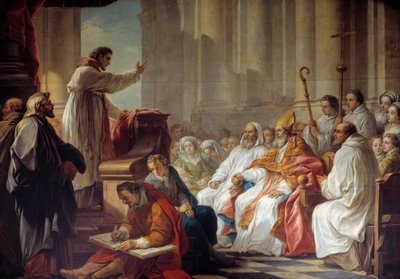 Predikationen av Saint Augustine (354-430) före Valere, eveque av Hippone-målning av Carle Van Loo (1705-1765) 1700-talets Paris. Vår Fru av Segrarnas kyrka av Carle van Loo