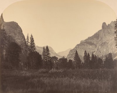 Upp i dalen, North Dome i centrum, Sentinel till vänster, 1861. av Carleton Emmons Watkins