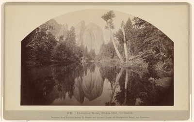 B 60. Cathedral Rocks, spegelvy, Yosemite av Carleton Watkins