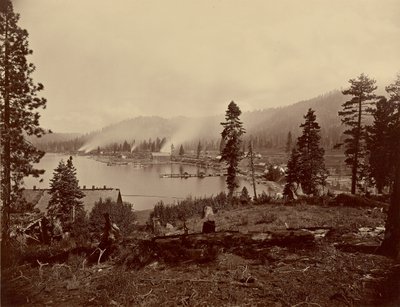 Vy över Gleenbrook Bay, Lake Tahoe, med sågverk, vågbrytare och ångare från Carson and Tahoe Lumber and Flume Co, samt ändhållplatsen Lake Tahoe, N.G.R.R. av Carleton Watkins