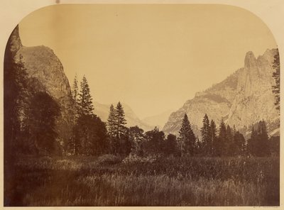 Yosemite, vy över dalbottnen med Sentinel Rock till höger av Carleton Watkins